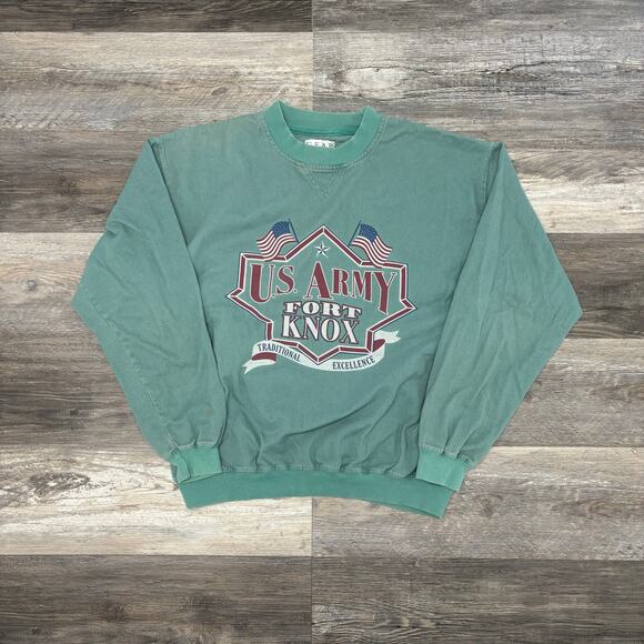 Vintage Green Mens M US Army Fort Knox American Flag Sweatshirt Gear For Sports - Picture 1 of 7